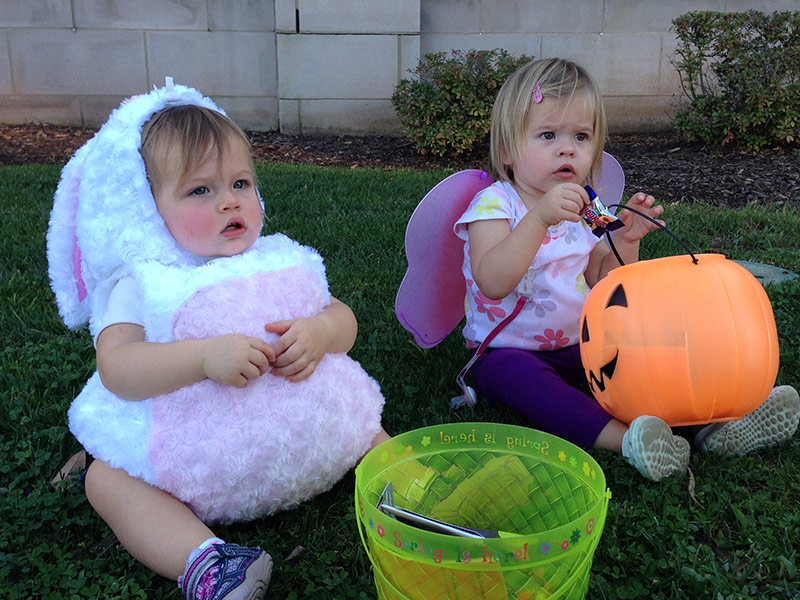 Hannah with her friend Olivia after trick or treating around Webster Groves