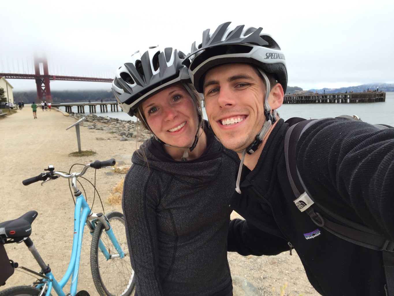 We rode bikes across the Golden Gate bridge. This is a photo from Torpedo Wharf right before getting to the bridge.